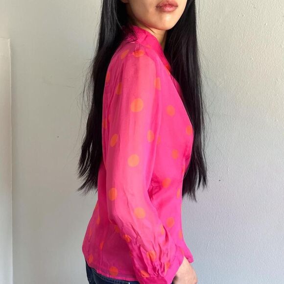 90s silk pink and orange polka dot button up long sleeve blouse with sheer - Picture 4 of 5